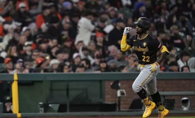 Pittsburgh Pirates' Andrew McCutchen (22) runs the bases after hitting a two-run home run during the seventh inning of a baseball game against the San Francisco Giants, Monday, July 28, 2025, in San Francisco. (AP Photo/Godofredo A. Vásquez)
