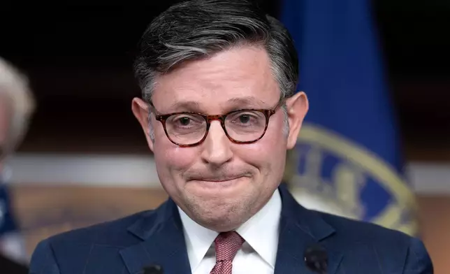 Speaker of the House Mike Johnson, R-La., blames Democrats, former President Joe Biden, and Republican lawmaker Thomas Massie of Kentucky, over the Jeffrey Epstein situation, during a news conference at the Capitol in Washington, Tuesday, July 22, 2025. (AP Photo/J. Scott Applewhite)