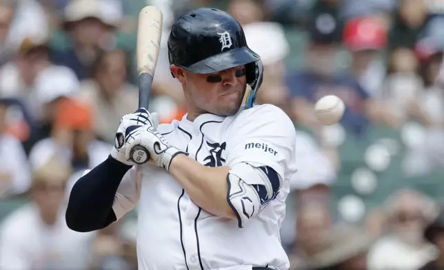 Detroit Tigers' Spencer Torkelson avoids an inside pitch against the Seattle Mariners during the first inning of a baseball game Sunday, July 13, 2025, in Detroit. (AP Photo/Duane Burleson)