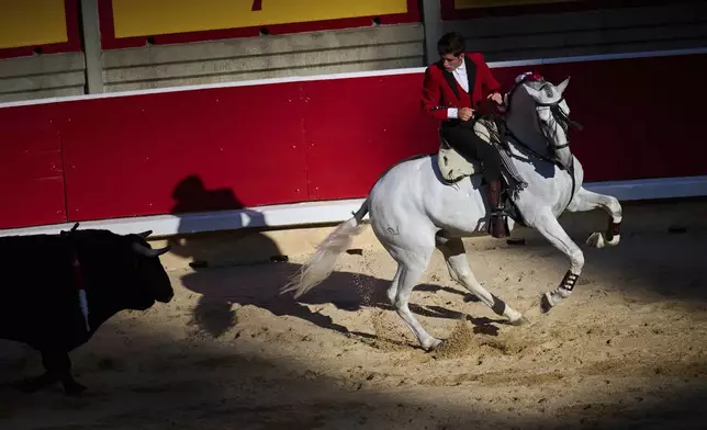 Spanish "rejoneador," or mounted bullfighter, Guillermo Hermoso de Mendoza performs during a bullfight on horseback at the San Fermin Festival in Pamplona, northern Spain, on Sunday, July 6, 2025. (AP Photo/Miguel Oses)