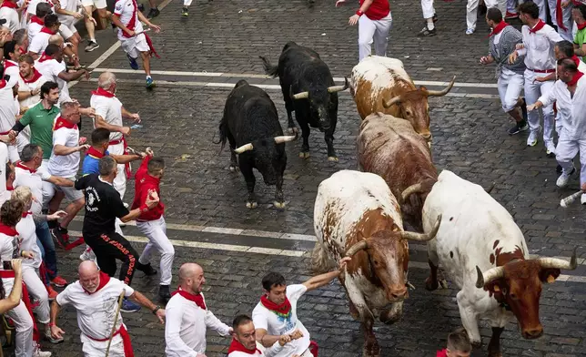 Revelers run with bulls from Fuente Ymbro ranch during the first day of the running of the bulls at the San Fermín fiestas in Pamplona, Spain, Monday, July 7, 2025. (AP Photo/Miguel Oses)