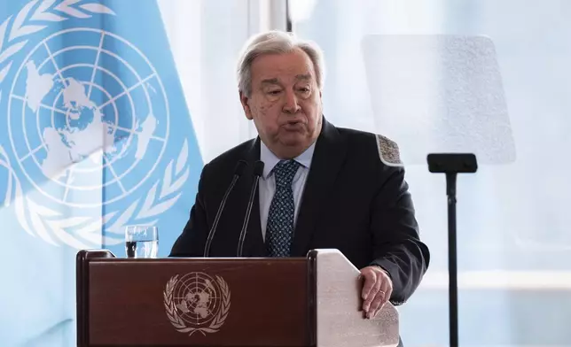United Nations Secretary-General Antonio Guterres delivers a speech on climate action "A Moment of Opportunity: Supercharging the New Energy Era" at the United Nations headquarters on Tuesday, July 22, 2025, in New York. (AP Photo/Adam Gray)
