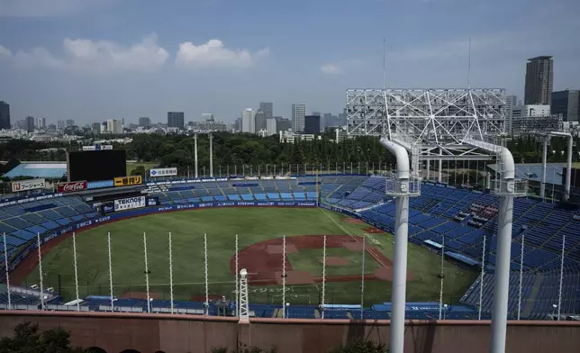 A general view of the Jingu stadium in Tokyo, Wednesday, July 3, 2025. (AP Photo/Louise Delmotte)