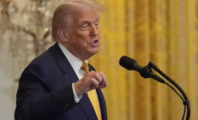 President Donald Trump speaks during a reception for Republican members of Congress in the East Room of the White House, Tuesday, July 22, 2025, in Washington. (AP Photo/Julia Demaree Nikhinson)