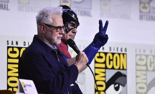 James Gunn, left, and John Cena attend a panel for "Peacemaker" during Comic-Con International on Saturday, July 26, 2025, in San Diego. (Photo by Richard Shotwell/Invision/AP)