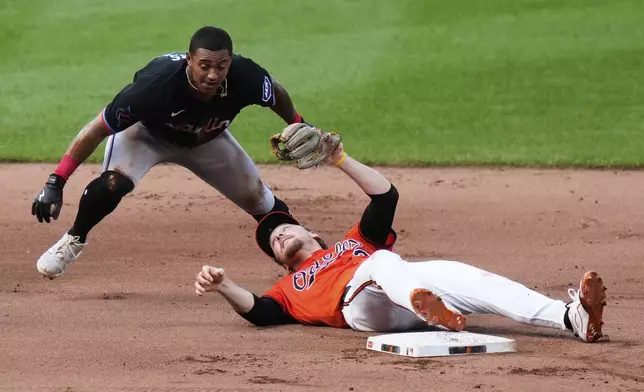 Miami Marlins' Dane Myers, left, is caught stealing second base by Baltimore Orioles shortstop Gunnar Henderson, right, during the fifth inning of a baseball game, Saturday, July 12, 2025, in Baltimore. (AP Photo/Stephanie Scarbrough)