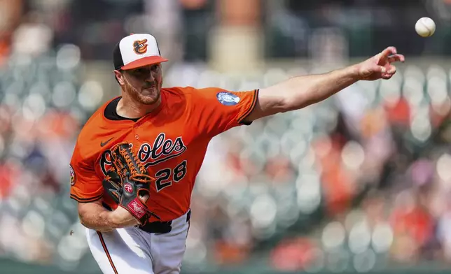 Baltimore Orioles starting pitcher Trevor Rogers delivers during the third inning of a baseball game against the Miami Marlins, Saturday, July 12, 2025, in Baltimore. (AP Photo/Stephanie Scarbrough)