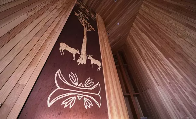 Wabanaki artwork is displayed in the Tekakapimək Contact Station, Jan. 7, 2025, at the Katahdin Woods and Waters National Monument in northern Maine.(AP Photo/Robert F. Bukaty)