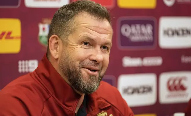 Coach of the British &amp; Irish Lions Andy Farrell smiles during a press conference after the second rugby union test at the Melbourne Cricket Ground in Melbourne, Australia, Saturday, July 26, 2025. (AP Photo/Rick Rycroft)