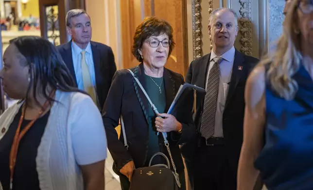 Sen. Susan Collins, R-Maine, departs the chamber as the Senate holds a procedural vote on the nomination of Emil Bove, who served on President Donald Trump's criminal defense team, to be a U.S. Circuit Court judge for the 3rd U.S. Circuit Court of Appeals, at the Capitol in Washington, Thursday, July 24, 2025. (AP Photo/J. Scott Applewhite)
