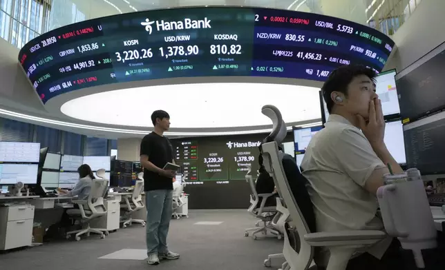 A currency trader watches monitors near a screen showing the Korea Composite Stock Price Index (KOSPI), top center left, and the foreign exchange rate between U.S. dollar and South Korean won, top center, at the foreign exchange dealing room of the Hana Bank headquarters in Seoul, South Korea, Monday, July 28, 2025. (AP Photo/Ahn Young-joon)
