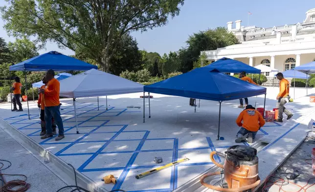 Construction continues in the Rose Garden of the White House, Friday, July 25, 2025, in Washington. (AP Photo/Alex Brandon)