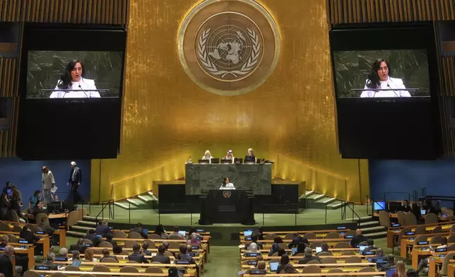 Canada Foreign Minister Anita Anand addresses the United Nations General Assembly, Monday, July 28, 2025. (AP Photo/Richard Drew)