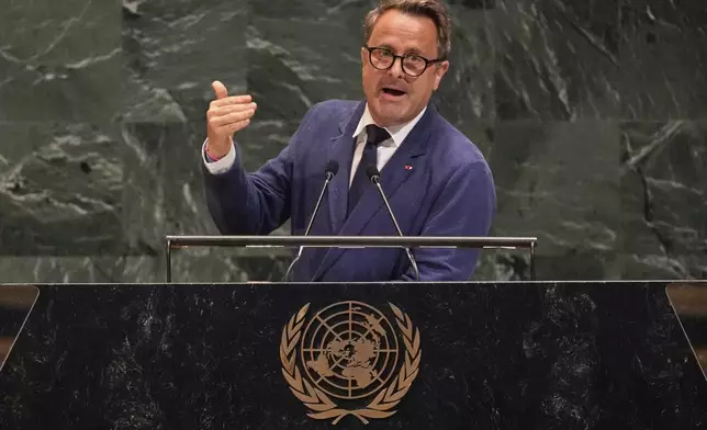 Luxembourg Deputy Prime Minister and Foreign Minister Xavier Bettel addresses the United Nations General Assembly, Monday, July 28, 2025. (AP Photo/Richard Drew)