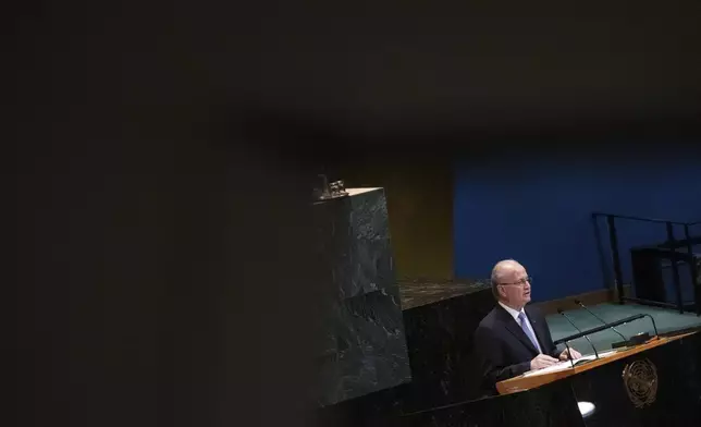 Palestinian Prime Minister Mohammed Mustafa speaks during a high-level International Conference for the Peaceful Settlement of the Question of Palestine and the Implementation of the Two-State solution at United Nations Headquarters, Monday, July 28, 2025. (AP Photo/Adam Gray)