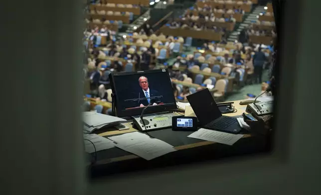Palestinian Prime Minister Mohammed Mustafa is seen on a interpreter monitor as he speaks during a high-level International Conference for the Peaceful Settlement of the Question of Palestine and the Implementation of the Two-State solution at United Nations Headquarters, Monday, July 28, 2025. (AP Photo/Adam Gray)