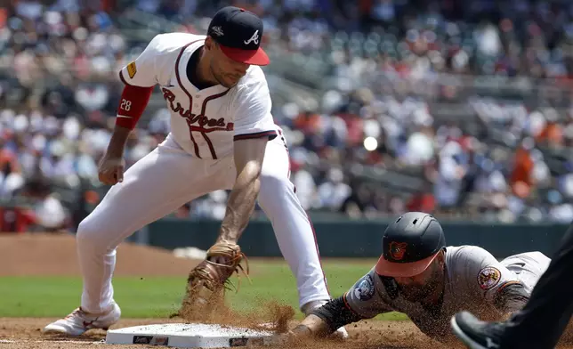 Baltimore Orioles' Colton Cowser (17) beats the tag from Atlanta Braves first baseman Matt Olson (28) as he dives back to first base during the second inning of a baseball game, Sunday, July 6, 2025, in Atlanta. (AP Photo/Butch Dill)