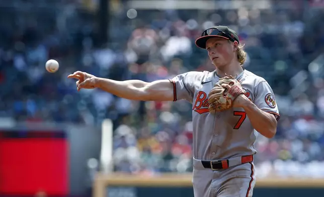 Baltimore Orioles second baseman Jackson Holliday throws to first for the out on Atlanta Braves' Drake Baldwin during the second inning of a baseball game, Sunday, July 6, 2025, in Atlanta. (AP Photo/Butch Dill)