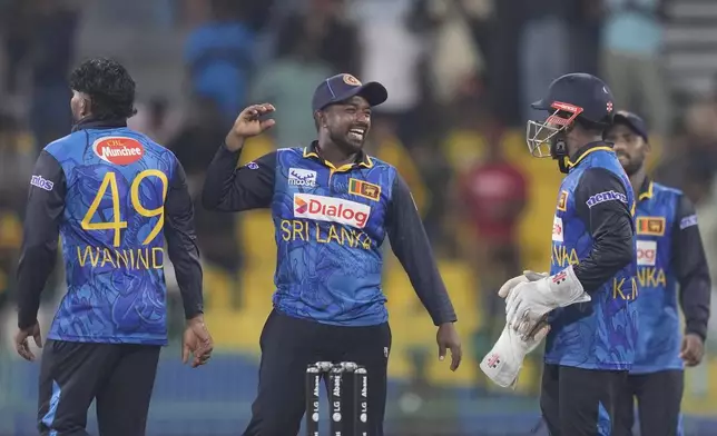 Sri Lanka's captain Charith Asalanka and others celebrate their win in the first ODI cricket match between Sri Lanka and Bangladesh in Colombo, Sri Lanka, Wednesday, July 2, 2025. (AP Photo/Eranga Jayawardena)