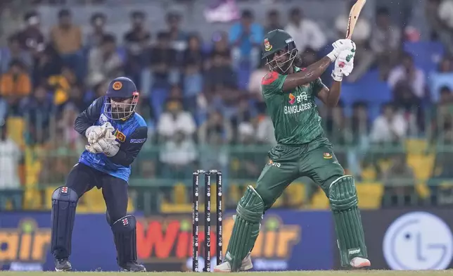 Bangladesh's Jake Ali plays a shot during the first ODI cricket match between Sri Lanka and Bangladesh in Colombo, Sri Lanka, Wednesday, July 2, 2025. (AP Photo/Eranga Jayawardena)