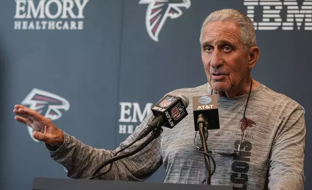 Atlanta Falcons Owner Arthur Blank speaks during a Atlanta Falcons training camp, Saturday, July 26, 2025, in Flowery Branch. (AP Photo/Mike Stewart)