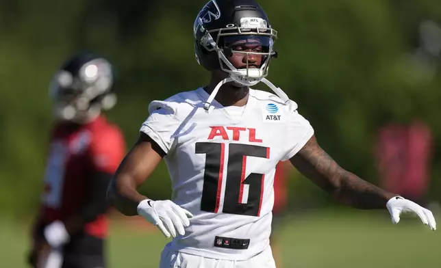 Atlanta Falcons DJ Chark Jr. works out during a Atlanta Falcons training camp, Saturday, July 26, 2025, in Flowery Branch. (AP Photo/Mike Stewart)