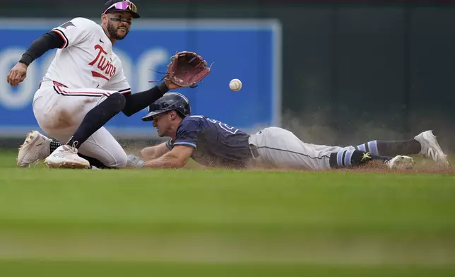 Tampa Bay Rays' Jake Mangum (28) beats the throw to Minnesota Twins shortstop Carlos Correa (4) to reach second base after a wild pitch by Minnesota Twins relief pitcher Travis Adams (45) during the sixth inning of a baseball game Saturday, July 5, 2025, in Minneapolis. (AP Photo/Abbie Parr)