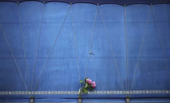 A flower is seen on a truck carrying remains of the identified victims of the 1995 Srebrenica massacre to the Memorial centre in Potocari, where they will be buried on July 11, in Visoko, Bosnia, Wednesday, July 9, 2025. (AP Photo/Armin Durgut)
