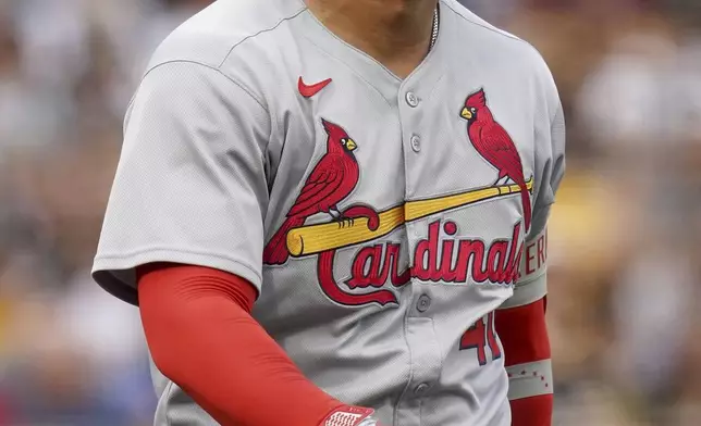 St. Louis Cardinals' Willson Contreras reacts after getting hit by a pitch by Pittsburgh Pirates pitcher Paul Skenes during the fourth inning of a baseball game, Tuesday, July 1, 2025, in Pittsburgh. (AP Photo/Matt Freed)