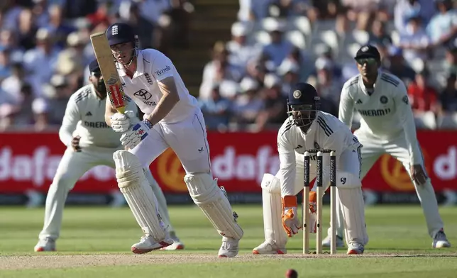 England's Harry Brook plays a shot on day two of the second cricket test match between England and India at Edgbaston in Birmingham, England, Thursday, July 3, 2025. (AP Photo/Scott Heppell)