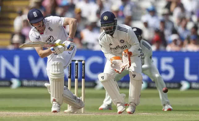 England's Harry Brook bats on day three of the second cricket test match between England and India at Edgbaston in Birmingham, England, Friday, July 4, 2025. (AP Photo/Scott Heppell)