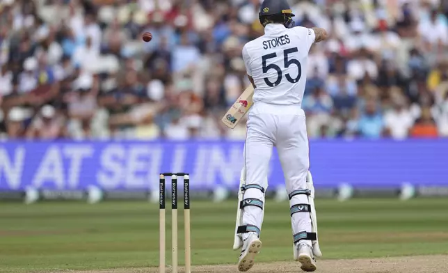 England captain Ben Stokes edges the ball before it is caught behind by India's wicketkeeper Rishabh Pant on day three of the second cricket test match between England and India at Edgbaston in Birmingham, England, Friday, July 4, 2025. (AP Photo/Scott Heppell)