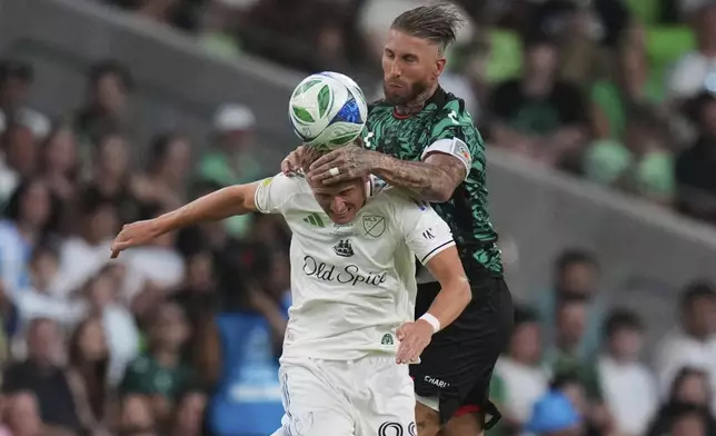 MLS All-Stars' Sam Surridge (98) and Sergio Ramos compete for a pass during the MLS All-Star soccer match in Austin, Texas, Wednesday, July 23, 2025. (AP Photo/Eric Gay)