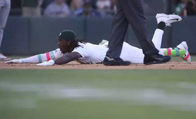 Athletics' Lawrence Butler slides into home plate as he hits an inside-the-park home run against the Atlanta Braves during the first inning of a baseball game Tuesday, July 8, 2025, in West Sacramento, Calif. (AP Photo/Scott Marshall)