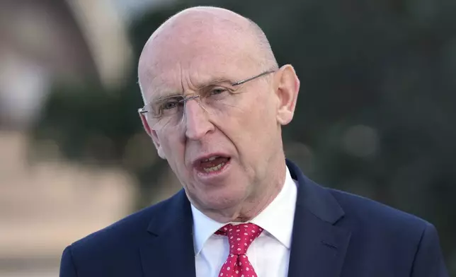 Britain's Secretary of State for Defence John Healey speaks at a press conference at Admiralty House following the Australia-UK Ministerial Consultations (AUKMIN) in Sydney, Australia, Friday, July 25, 2025. (AP Photo/Rick Rycroft)