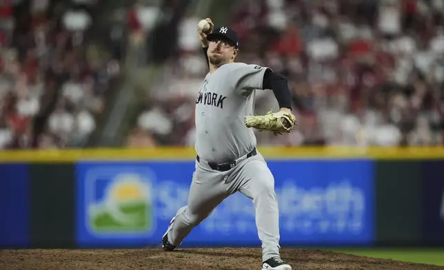 New York Yankees pitcher Mark Leiter Jr. delivers during the tenth inning of a baseball game against the Cincinnati Reds, Tuesday, June 24, 2025, in Cincinnati. (AP Photo/Joshua A. Bickel)