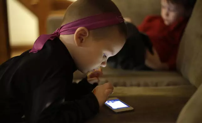 FILE - Nolan Young, 3, front, looks at a smartphone while his brother Jameson, right, 4, looks at a tablet in their home in Boston, Jan. 27, 2014. (AP Photo/Steven Senne, File)