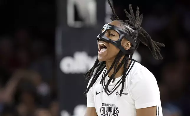 Golden State Valkyries guard Tiffany Hayes celebrates after making a 3-point basket against the Las Vegas Aces during the first half of a WNBA basketball game Saturday, July 12, 2025, in Las Vegas. (Steve Marcus/Las Vegas Sun via AP)