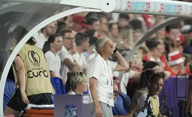 Switzerland head coach Pia Sundhage reacts during the Euro 2025, group A, soccer match between Switzerland and Norway at St. Jakob-Park in Basel, Switzerland, Wednesday, July 2, 2025. (AP Photo/Martin Meissner)