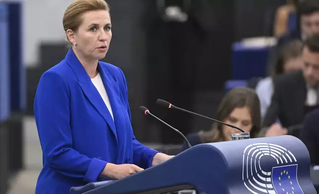 Denmark's Prime Minister Mette Frederiksen delivers her speech as Denmark holds the rotating presidency of the Council of Europe, Tuesday, July 8, 2025 at the European Parliament in Strasbourg, eastern France. (AP Photo/Pascal Bastien)