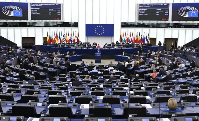 Denmark's Prime Minister Mette Frederiksen delivers her speech as Denmark holds the rotating presidency of the Council of Europe, Tuesday, July 8, 2025 at the European Parliament in Strasbourg, eastern France. (AP Photo/Pascal Bastien)