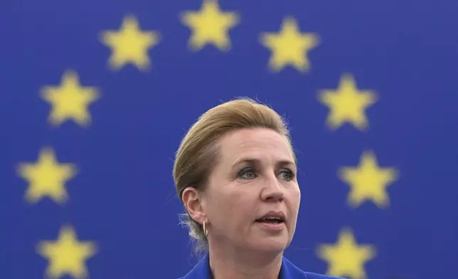 Denmark's Prime Minister Mette Frederiksen delivers her speech as Denmark holds the rotating presidency of the Council of Europe, Tuesday, July 8, 2025 at the European Parliament in Strasbourg, eastern France. (AP Photo/Pascal Bastien)