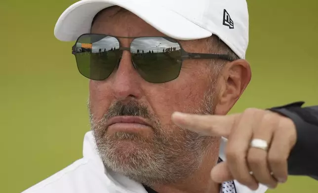 Phil Mickelson of the United States looks round on the 7th green during the first round of the British Open golf championship at the Royal Portrush Golf Club, Northern Ireland, Thursday, July 17, 2025. (AP Photo/Francisco Seco)