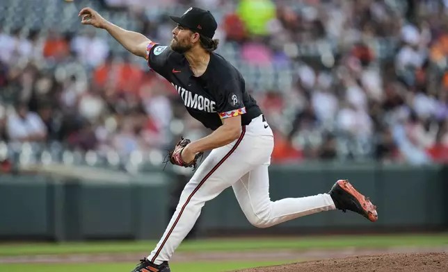 Baltimore Orioles starting pitcher Dean Kremer delivers during the second inning of a baseball game against the Miami Marlins, Friday, July 11, 2025, in Baltimore. (AP Photo/Stephanie Scarbrough)