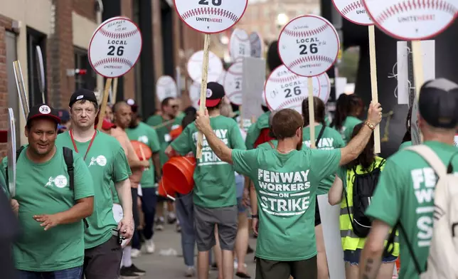 Concession workers from Fenway Park picket outside the ballpark Friday, July 25, 2025, in Boston before a baseball game between the Boston Red Sox and the Los Angeles Dodgers. (AP Photo/Mark Stockwell)