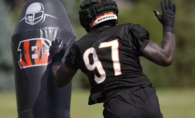 Cincinnati Bengals defensive end Shemar Stewart performs a drill during practice at the team's NFL football training camp, Sunday, July 27, 2025, in Cincinnati. (AP Photo/Jeff Dean)