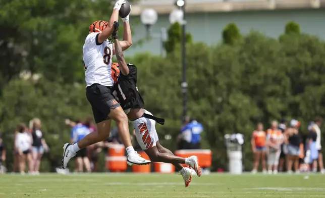 Cincinnati Bengals wide receiver Andrei Iosivas (80) makes a catch against cornerback Nate Brooks (41) during practice at the team's NFL football training camp, Sunday, July 27, 2025, in Cincinnati. (AP Photo/Jeff Dean)