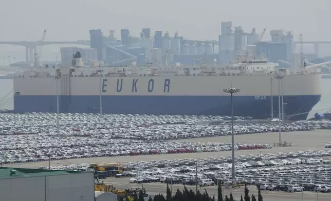 Vehicles for export are parked at a port in Pyeongtaek, South Korea, Tuesday, July 8, 2025. (AP Photo/Ahn Young-joon)