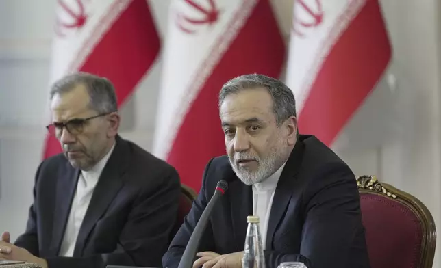 In this photo released by the Iranian Foreign Ministry, Foreign Minister Abbas Araghchi speaks in a meeting with Tehran-based foreign diplomats, Iran, Saturday, July 12, 2025. (Iranian Foreign Ministry, Hamid Forootan via AP)