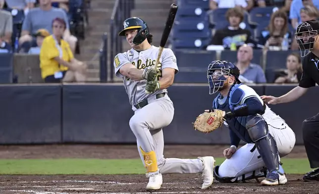 Athletics' Colby Thomas hits a double during the fourth inning of a baseball game against the Tampa Bay Rays Tuesday, July 1, 2025, in Tampa, Fla. (AP Photo/Jason Behnken)